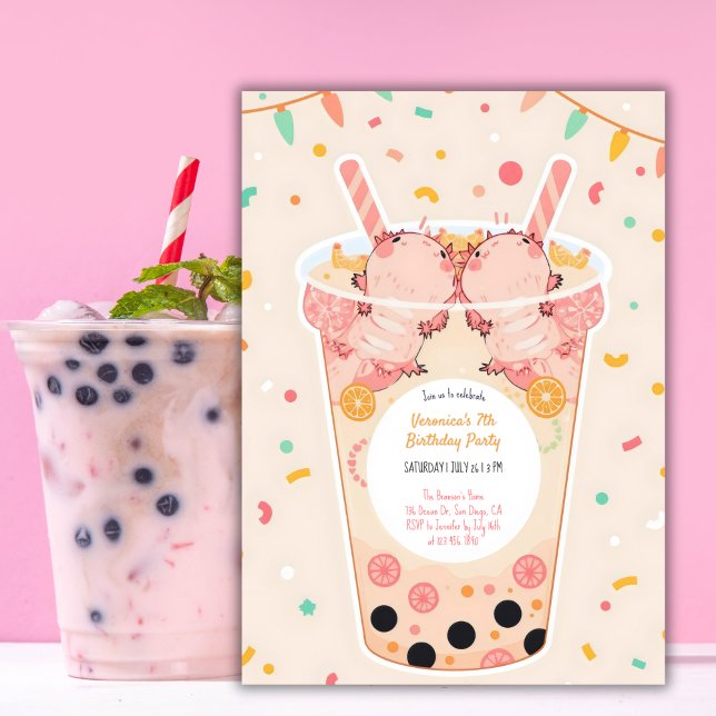 Convite Cute Kawaii Boba Bubble Tea Axolotl Aniversário (Bubble Tea Axolotl Birthday Invitation Cute Kawaii Boba Birthday Party Invite)
