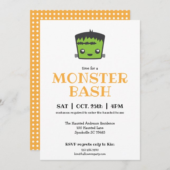Convite Cute Kawaii Frankenstein Monster Festa de Hallowee (Frente/Verso)