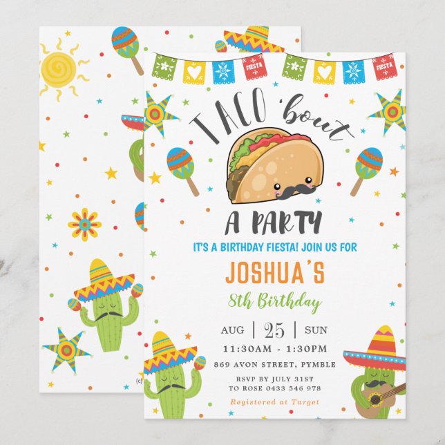 Convite Cute Kawaii Taco 'Bout an Party Fiesta Birthday (Frente/Verso)