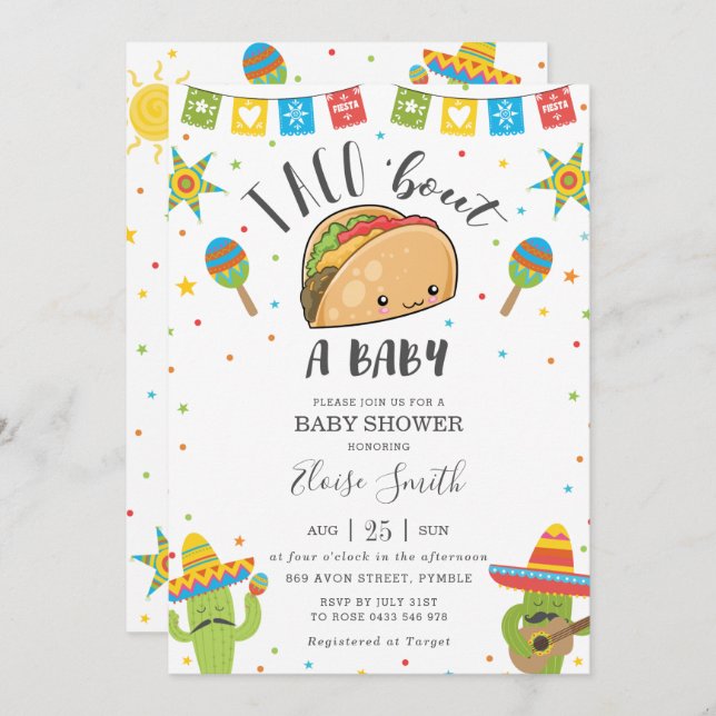 Convite Cute Kawaii Taco sobre um Chá de fraldas de bebê F (Frente/Verso)