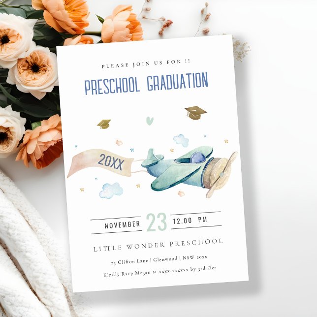 Convite Cute Kids Airplane Sky Stars Preschool Graduation  (Criador carregado)