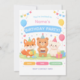 Convite Cute Kids Birthday Invitation | Pastel Animal Birt
