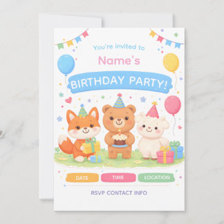 Convite Cute Kids Birthday Invitation | Pastel Animal Birt