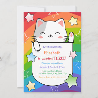 Convite Cute Kitty Stars Colorful Wavy Stripes Birthday