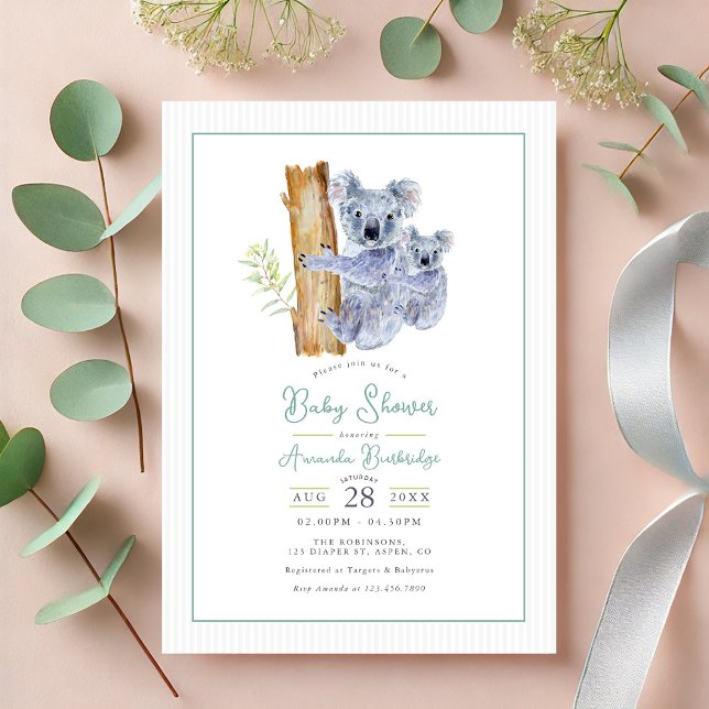 Convite Cute Koala Bear Eucalyptus deixa Chá de fraldas (Cute Koala Bear Eucalyptus Leaves Baby Shower Invitation)