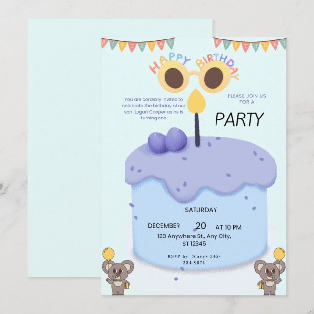 Convite Cute Koala First Birthday Invitation - Customizabl (Frente/Verso)