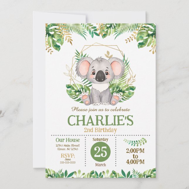 Convite Cute Koala Floral Sage Greenery 2nd Birthday (Frente)