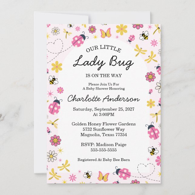 Convite Cute Lady Bug Pink Girl Baby Shower (Frente)