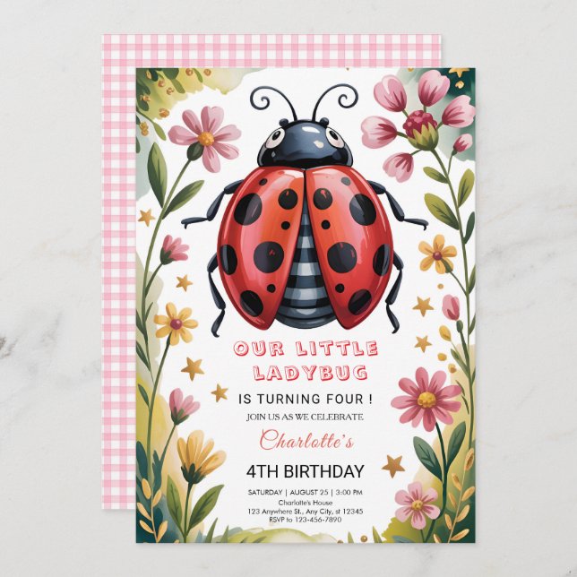 Convite Cute Ladybug 4th Birthday Party (Frente/Verso)