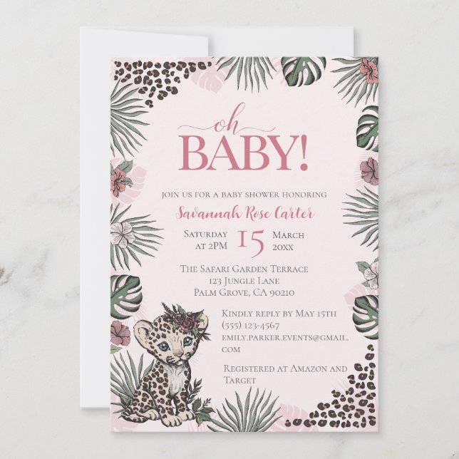 Convite Cute Leopard Safari Girl Baby Shower (Frente)