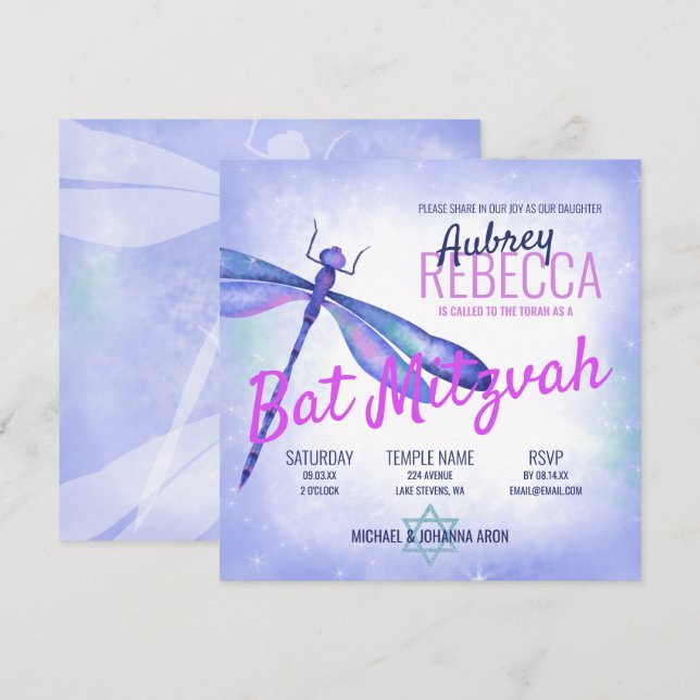 Convite Cute Light Blue e Rosa Bat Mitzvah Draglibélula (Frente/Verso)
