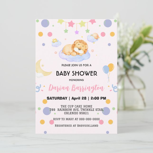 Convite Cute Lion chá de fraldas de balões da lua (Em pé/Frente)