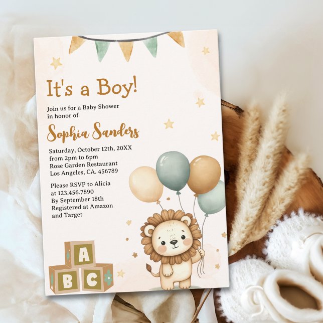 Convite Cute Lion Watercolor Baby Shower Boy (Criador carregado)