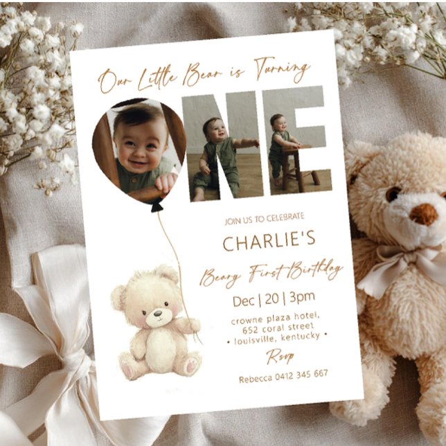 Convite Cute Little Bear Neutral with Photo 1st Birthday  (Criador carregado)