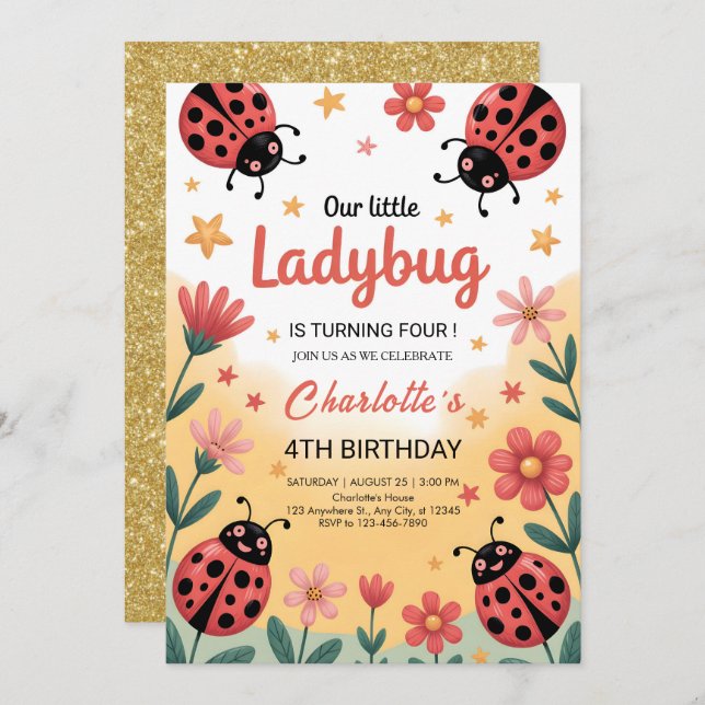 Convite Cute Little Ladybug Girl Birthday Party (Frente/Verso)