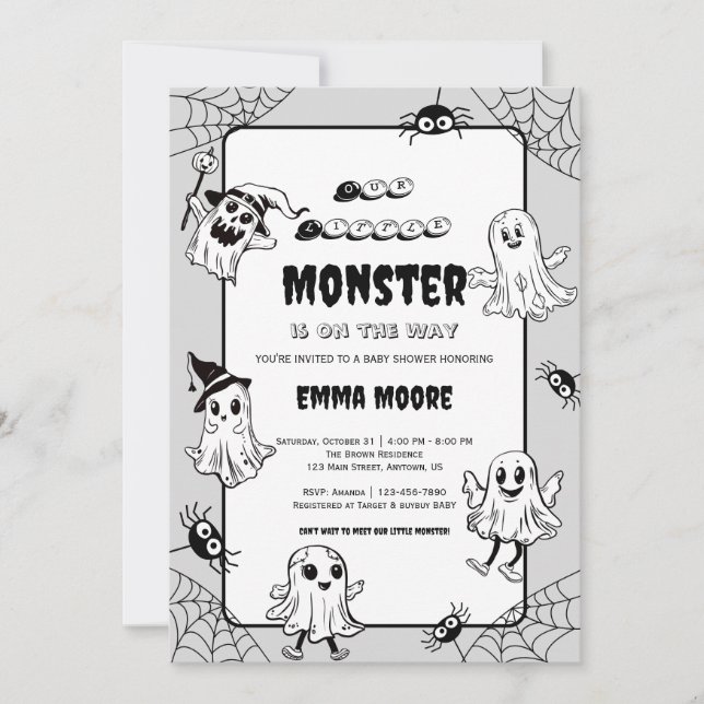 Convite Cute Little Monster Halloween Baby Shower Art (Frente)