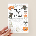 Convite Cute Little Monsters Halloween Birthday Party<br><div class="desc">Invite guests to your spooky birthday party with our Cute Little Monsters Halloween birthday party invitations. The Halloween birthday invitations display "Trick or Treat" in hand-lettered typography with your birthday party details below. The border features painted watercolor jack-o-lanterns, bat, Frankenstein monster, spider, ghost, mummy & a black cat complimented by...</div>