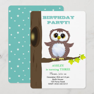 Convite Cute little owl & stars on teal kids Birthday