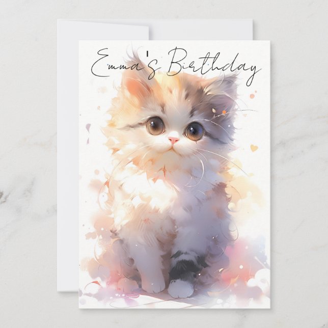 Convite cute little watercolor cat birthday (Frente)
