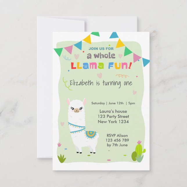 Convite Cute Llama Birthday (Frente)
