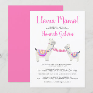 Convite Cute Llama Mama Branca Rosa Quente Chá de fraldas