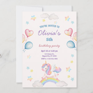 Convite Cute Magical Fairytale Unicorn Rainbow Clouds