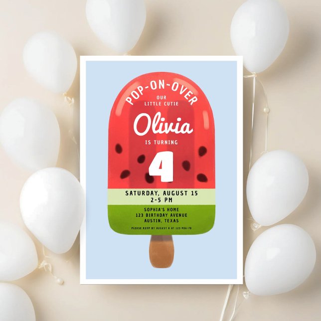 Convite Cute Melon Popsicle Girl quarto aniversário (Cute Melon Popsicle Girl Fourth Birthday Invitation)