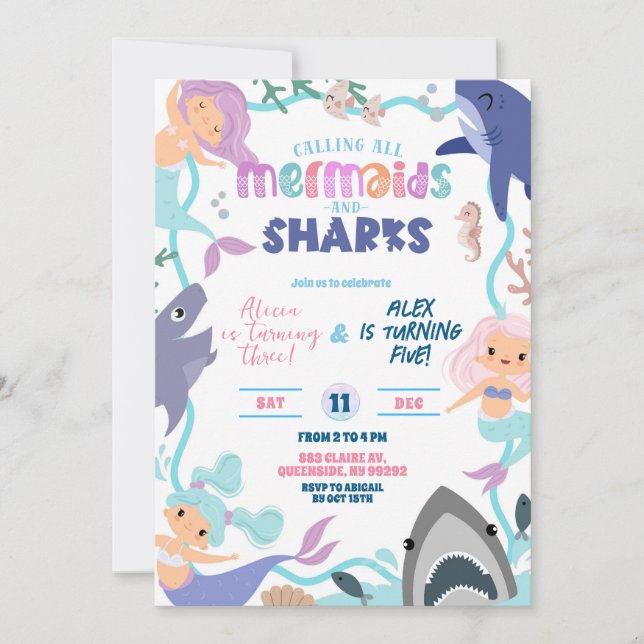 Convite Cute Memaid and Sharks Joint Birthday invitation (Frente)