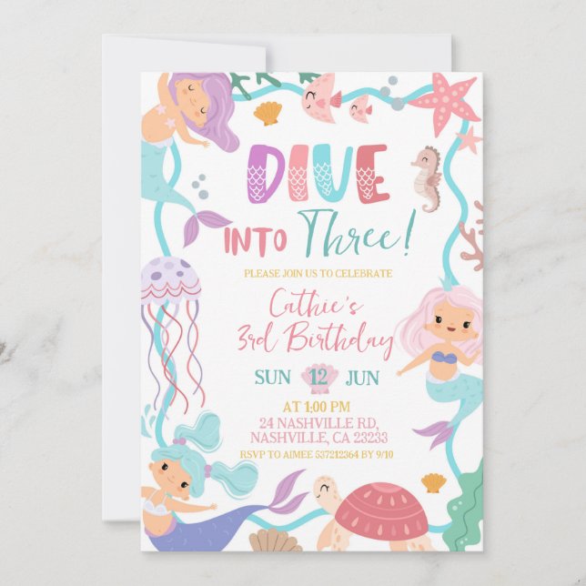 Convite Cute Memaid Dive Into Birthday invitation (Frente)
