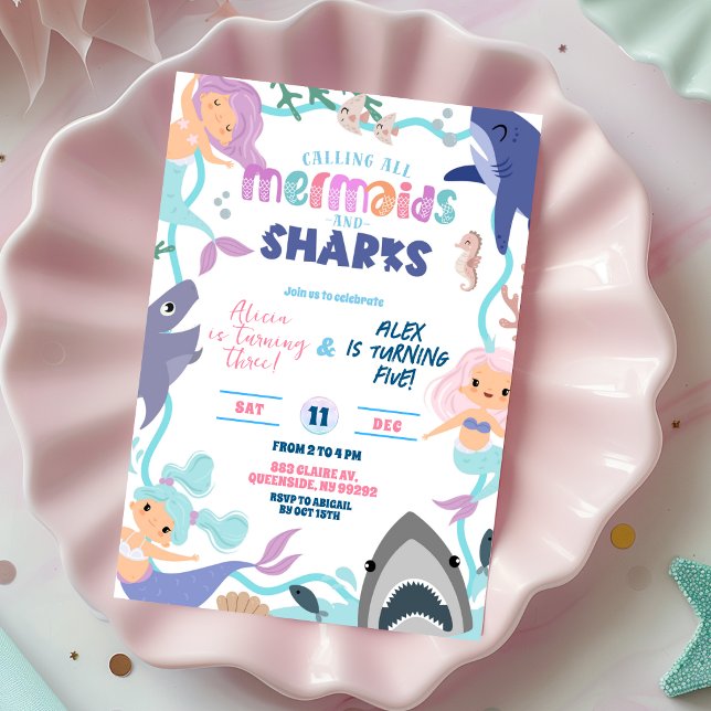 Convite Cute Mermaid and Sharks Joint Birthday invitation (Criador carregado)
