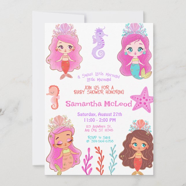 Convite Cute Mermaid Baby Shower Under the Sea Baby Girl  (Frente)