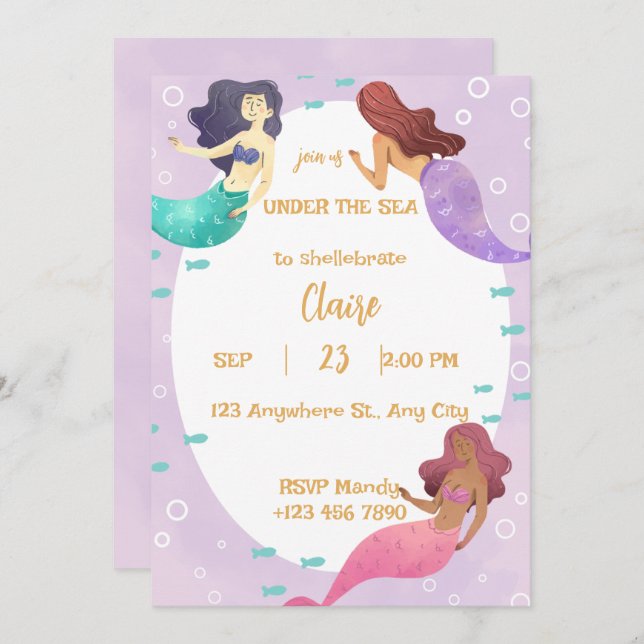 Convite Cute Mermaid Birthday Invitation (Frente/Verso)