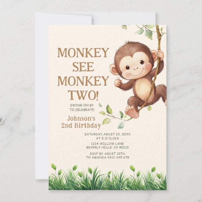 Convite Cute Monkey See Monkey Two Safari 2nd Birthday (Frente)