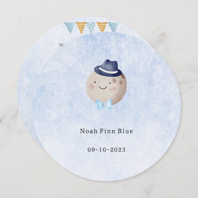 Convite Cute Moon With Hat And Bow Baby Boy Card (Frente/Verso)