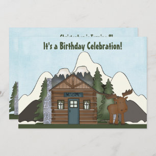 Convite Cute Mountain Cabin and Moose Birthday Inves