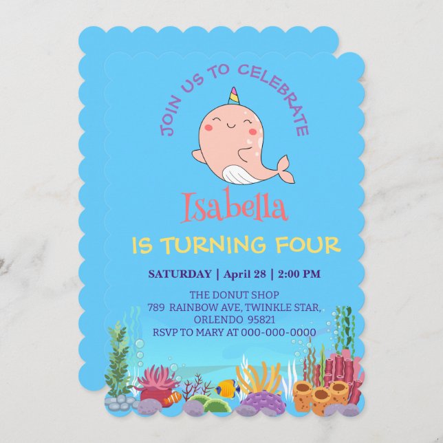 Convite Cute Narwhall Fish Unicorn Rainbow sea Aniversário (Frente/Verso)