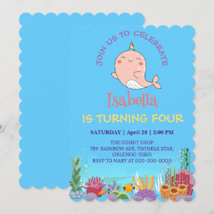 Convite Cute Narwhall Fish Unicorn Rainbow sea Aniversário