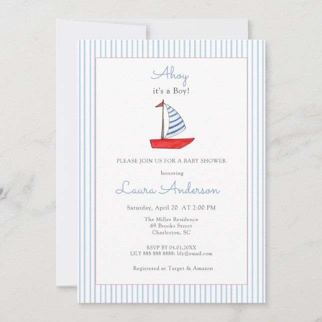 Convite Cute Nautical boat Baby boy Baby shower (Frente)