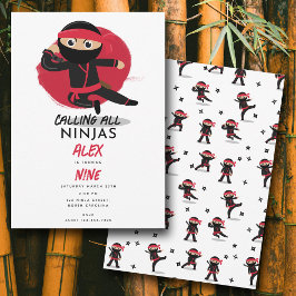 Convite Cute Ninja Warrior Kids Black & Red Festa de anive