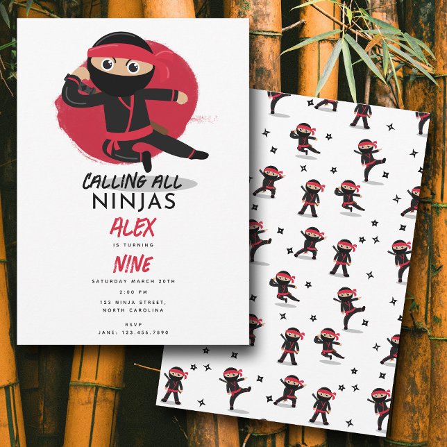 Convite Cute Ninja Warrior Kids Black & Red Festa de anive (Cute Ninja Warrior Kids Black & Red Birthday Party Invitation)