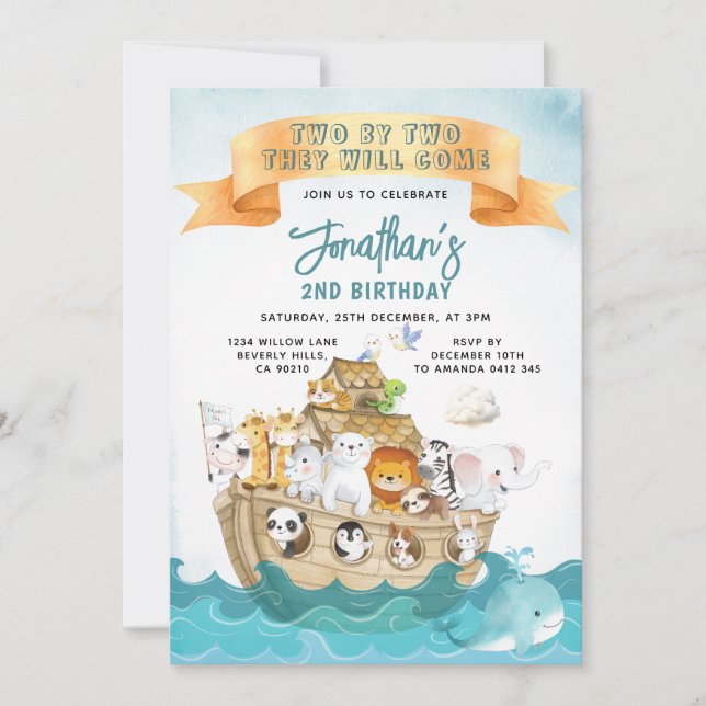 Convite Cute Noah's Ark 2nd Birthday Two By Two Adventure (Frente)