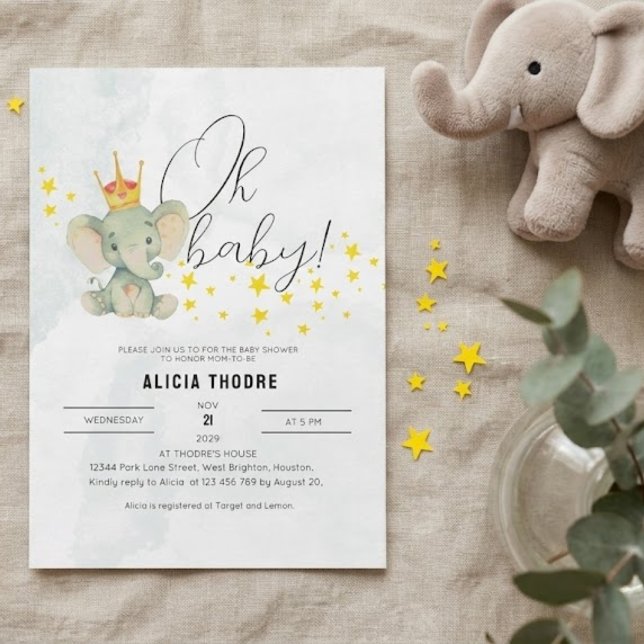 Convite Cute Oh Baby Gender Neutral Elephant Baby Shower  (Criador carregado)