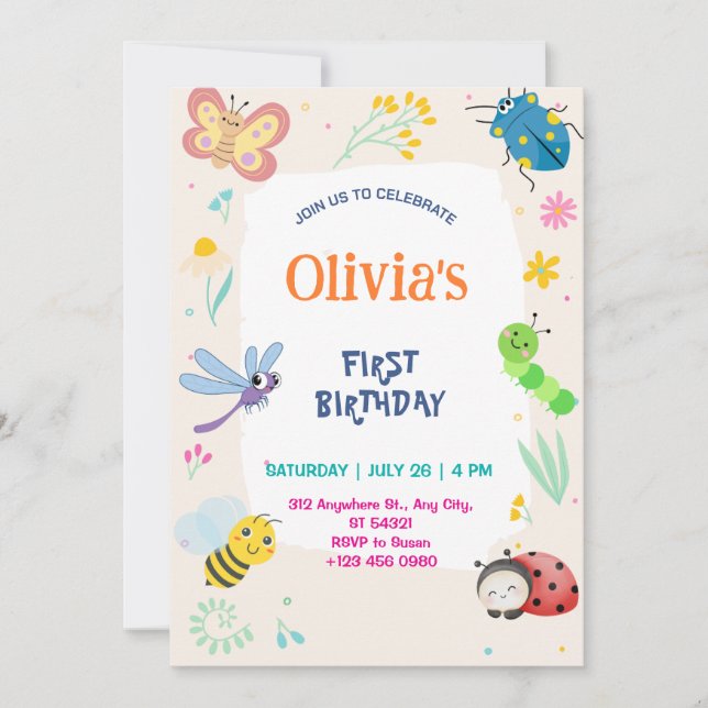 Convite Cute One Bug & Butterflies 1st Birthday Invitation (Frente)