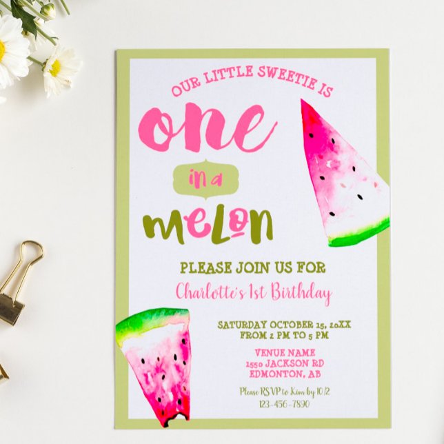 Convite Cute One in a Melon 1º Aniversário Rosa Verde (Criador carregado)