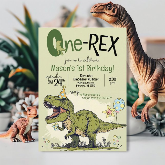 Convite Cute One-Rex Dinosaur Cartoon 1st Birthday Party (Cute modern cartoon T-Rex Dinosaur One-Rex, boy 1st birthday party printable invitation, green TRex)