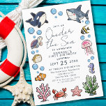 Convite Cute Oneder the Sea Ocean Kids First Birday<br><div class="desc">Celebrar com o fofo que as crianças do oceano marinho convidam no primeiro aniversário apresentando um design de animais marinhos bonitos desenhados à mão no crayon de um tubarão, orca, peixe, água-viva, cavalo, tartaruga marinha, caranguejo e estrela-estrela. O inverso é um fundo azul-marinho. Personalize este convite para atender às suas...</div>