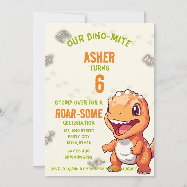 Convite Cute Orange Dinosaur T-Rex Birthday Invite (Frente)