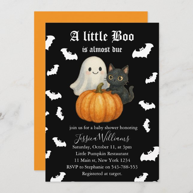 Convite Cute Orange Pumpkin Cat Bats Halloween Baby Shower (Frente/Verso)