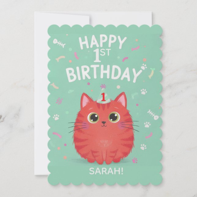 Convite Cute Orange Tabby Cat 1st Birthday | Customizable  (Frente)