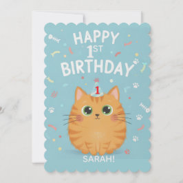 Convite Cute Orange Tabby Cat 1st Birthday | Customizable